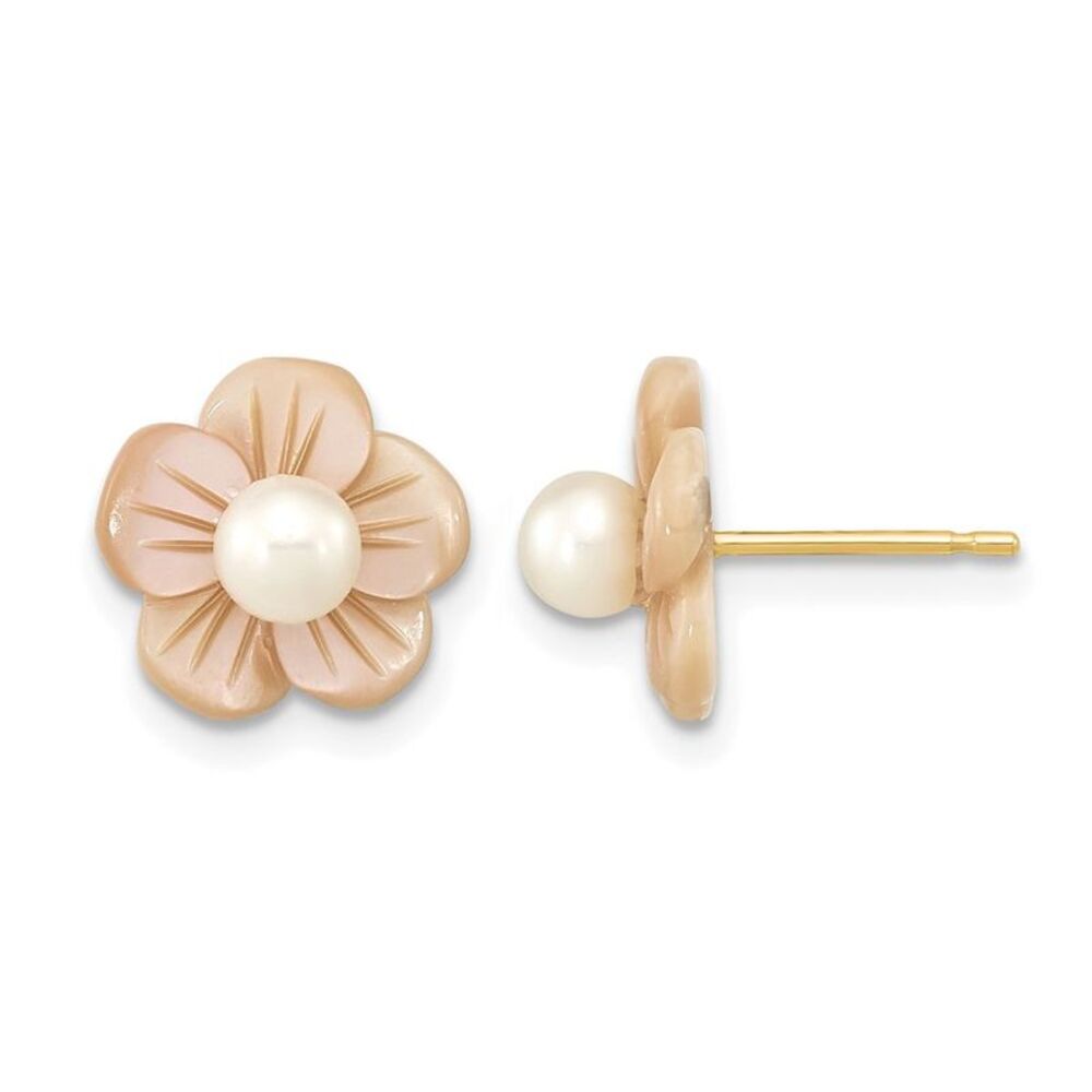 14K Gold Filled 3-4mm White FWC Pearl Pink MOP Flower Earrings, 11mm